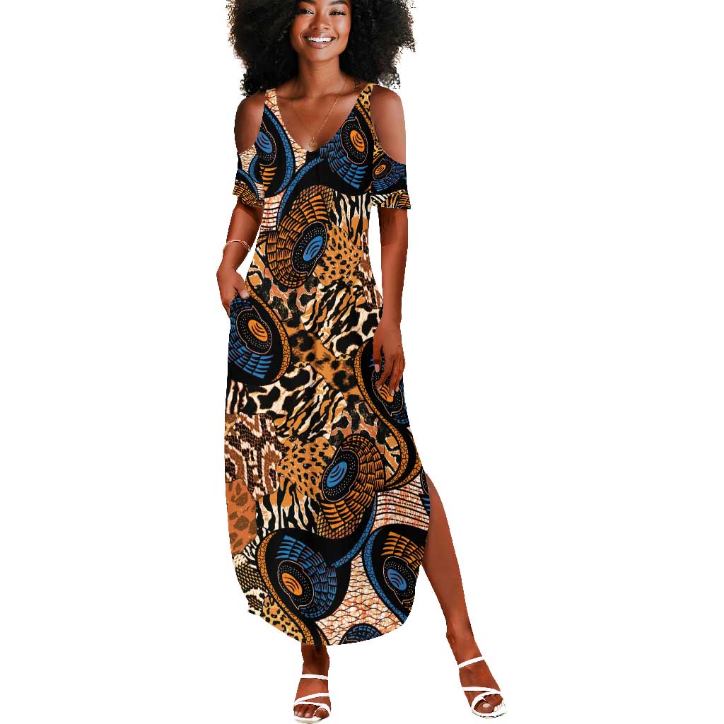 African Ankara Motifs Mixed Animal Skins Summer Maxi Dress