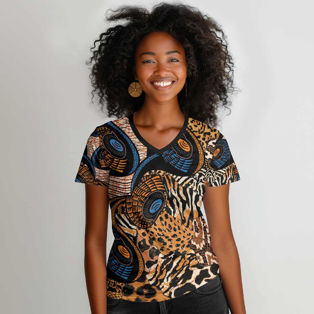 African Ankara Motifs Mixed Animal Skins Women V-Neck T-Shirt