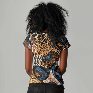 African Ankara Motifs Mixed Animal Skins Women V-Neck T-Shirt