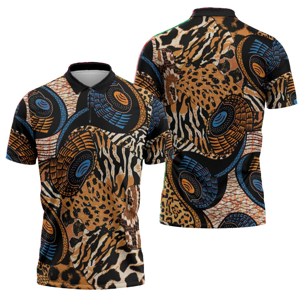 African Ankara Motifs Mixed Animal Skins Zipper Polo Shirt