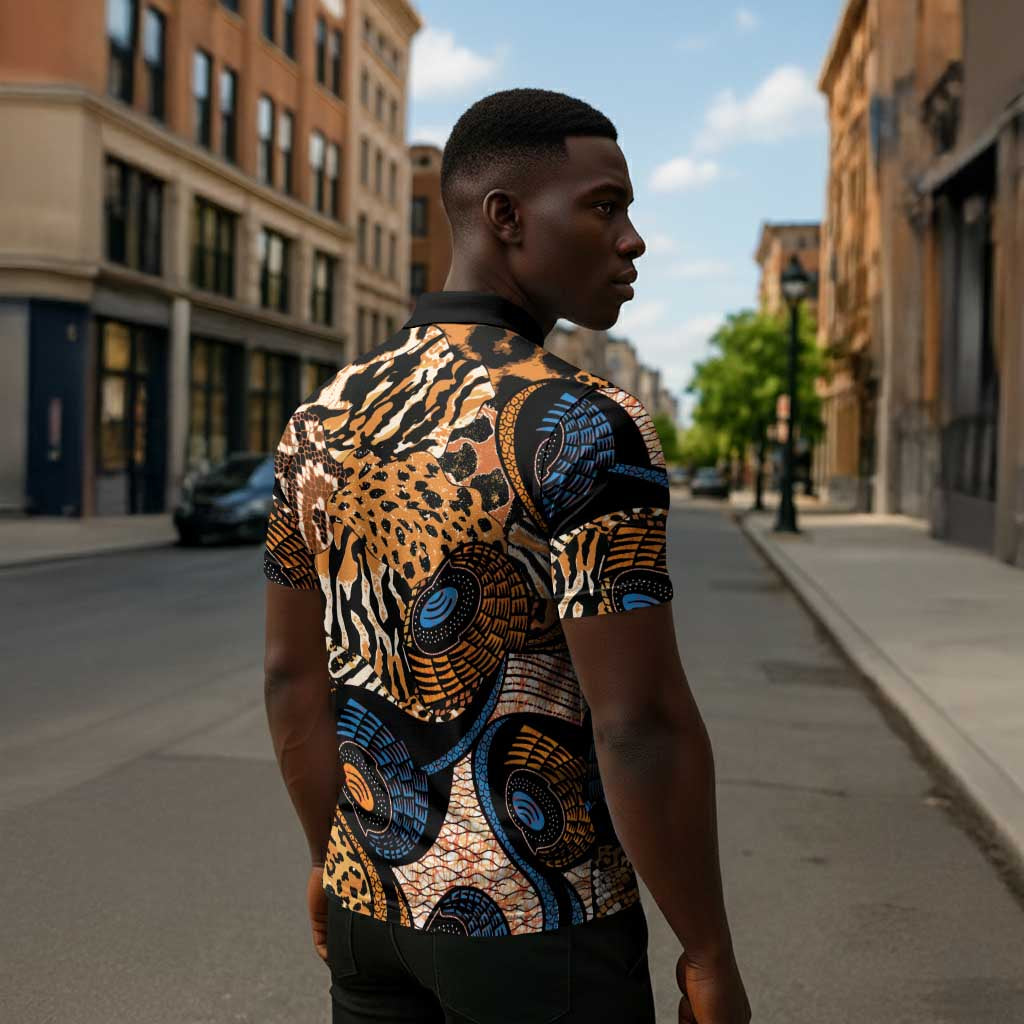 African Ankara Motifs Mixed Animal Skins Zipper Polo Shirt