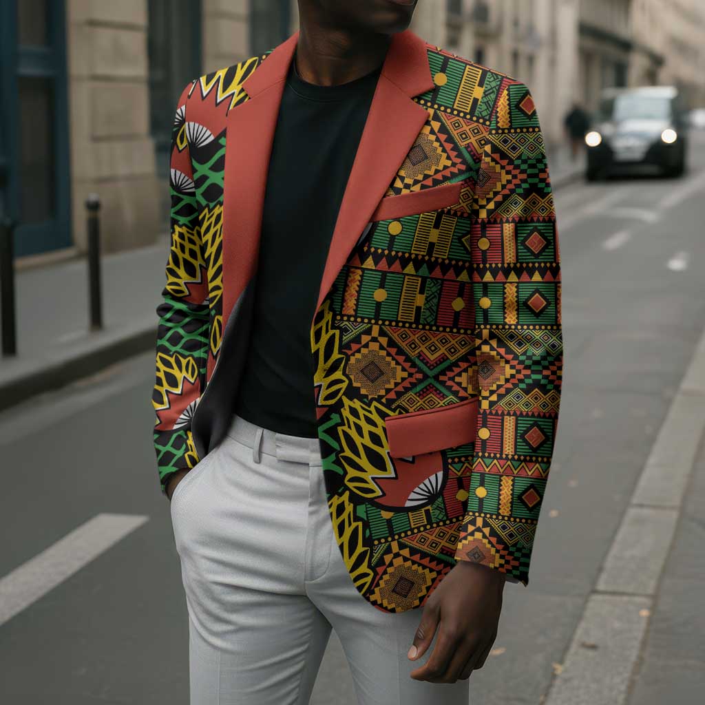 African Tribal Geometric Mixed Kanga Pattern Blazer