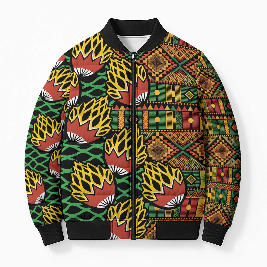 African Tribal Geometric Mixed Kanga Pattern Bomber Puffer Jacket