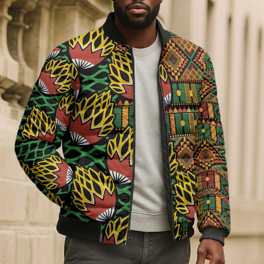 African Tribal Geometric Mixed Kanga Pattern Bomber Puffer Jacket