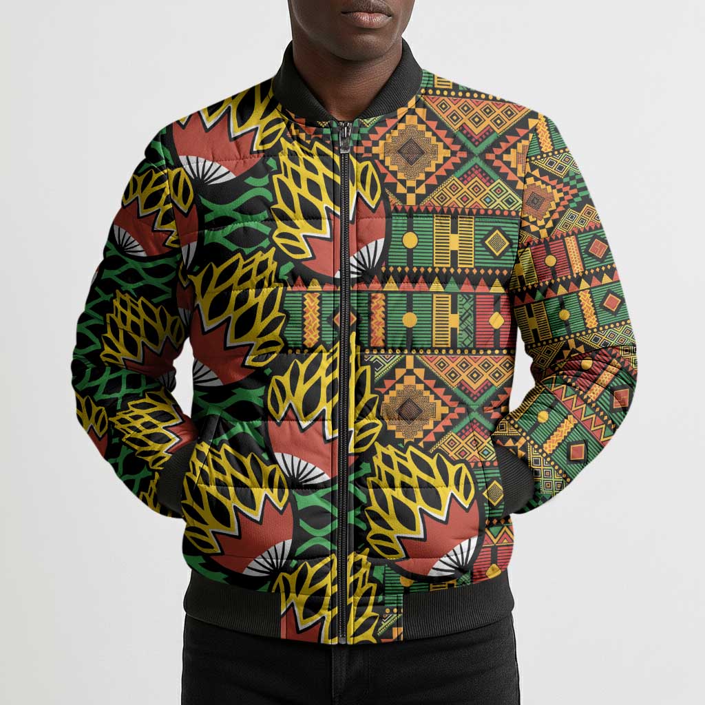 African Tribal Geometric Mixed Kanga Pattern Bomber Puffer Jacket