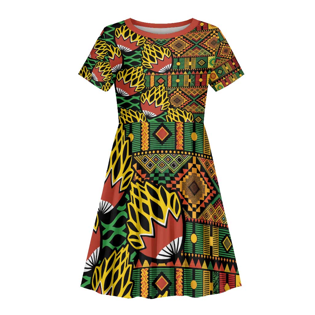 African Tribal Geometric Mixed Kanga Pattern Kid Short Sleeve Dress