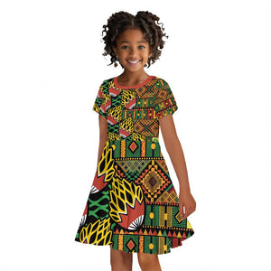 African Tribal Geometric Mixed Kanga Pattern Kid Short Sleeve Dress