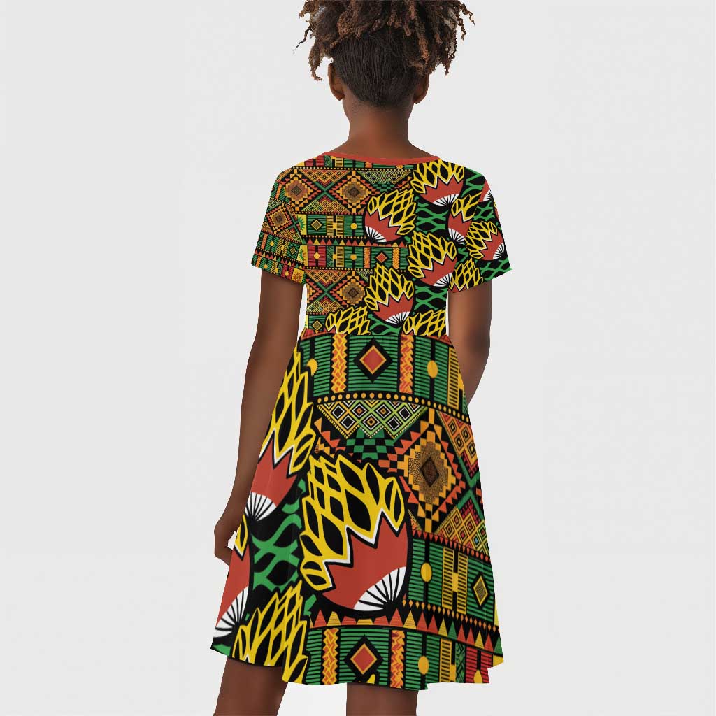 African Tribal Geometric Mixed Kanga Pattern Kid Short Sleeve Dress