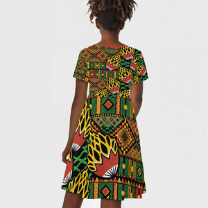 African Tribal Geometric Mixed Kanga Pattern Kid Short Sleeve Dress