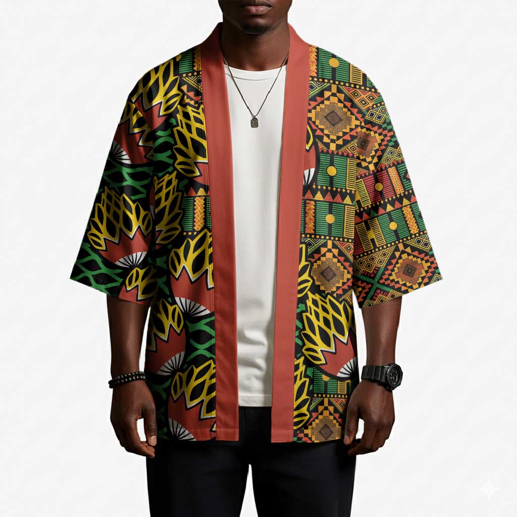 African Tribal Geometric Mixed Kanga Pattern Kimono