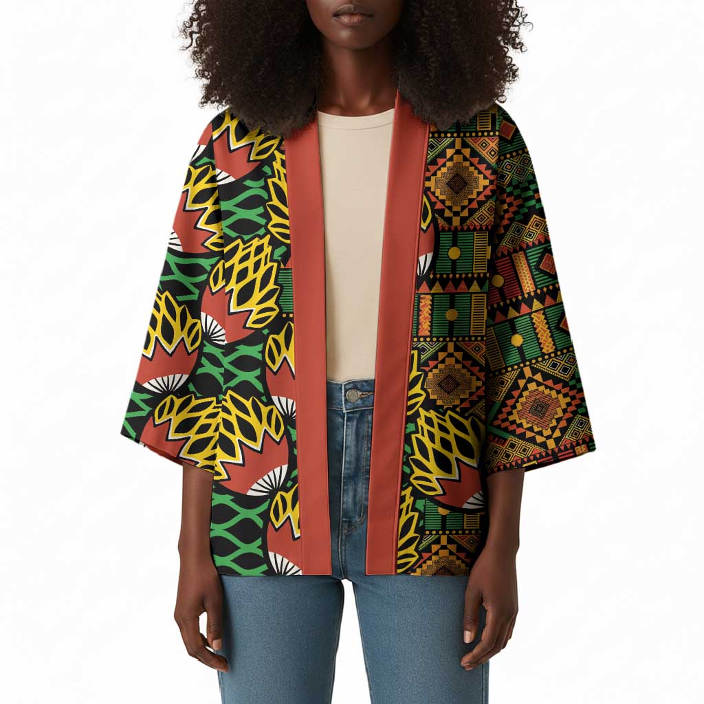 African Tribal Geometric Mixed Kanga Pattern Kimono