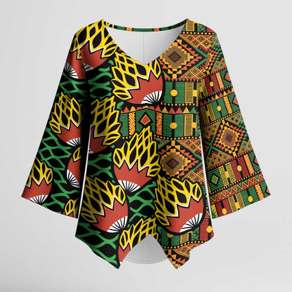 African Tribal Geometric Mixed Kanga Pattern Kimono Sleeve Blouse