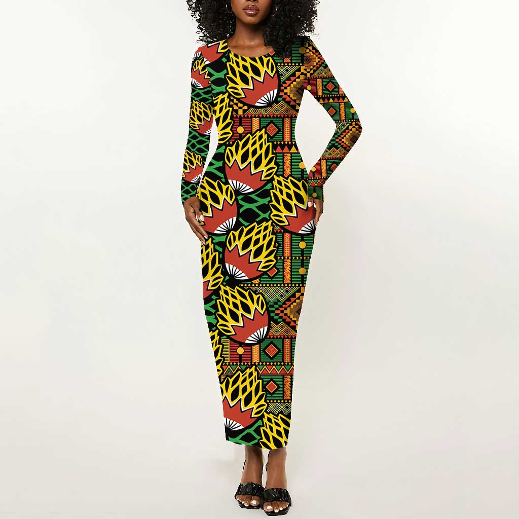 African Tribal Geometric Mixed Kanga Pattern Long Sleeve Bodycon Dress