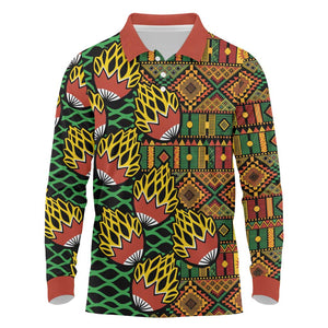 African Tribal Geometric Mixed Kanga Pattern Long Sleeve Polo Shirt