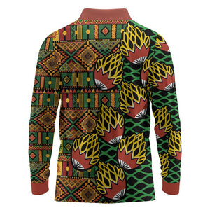 African Tribal Geometric Mixed Kanga Pattern Long Sleeve Polo Shirt