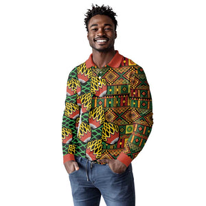 African Tribal Geometric Mixed Kanga Pattern Long Sleeve Polo Shirt