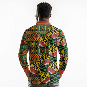 African Tribal Geometric Mixed Kanga Pattern Long Sleeve Polo Shirt