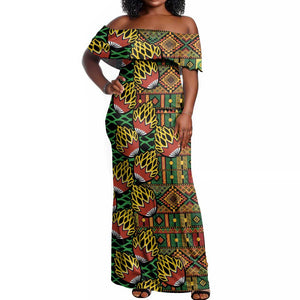 African Tribal Geometric Mixed Kanga Pattern Off Shoulder Maxi Dress