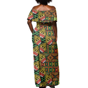 African Tribal Geometric Mixed Kanga Pattern Off Shoulder Maxi Dress