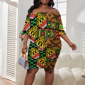 African Tribal Geometric Mixed Kanga Pattern Off Shoulder Short Dress