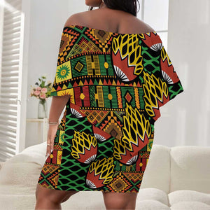 African Tribal Geometric Mixed Kanga Pattern Off Shoulder Short Dress