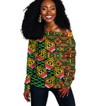 African Tribal Geometric Mixed Kanga Pattern Off Shoulder Sweater