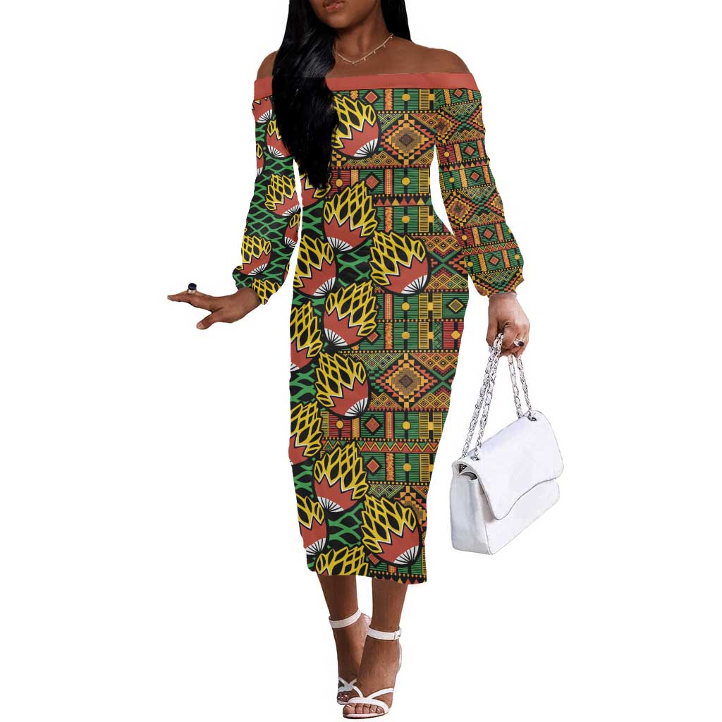 African Tribal Geometric Mixed Kanga Pattern Off The Shoulder Long Sleeve Dress