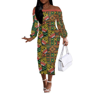 African Tribal Geometric Mixed Kanga Pattern Off The Shoulder Long Sleeve Dress