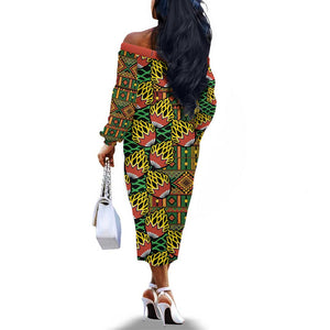 African Tribal Geometric Mixed Kanga Pattern Off The Shoulder Long Sleeve Dress