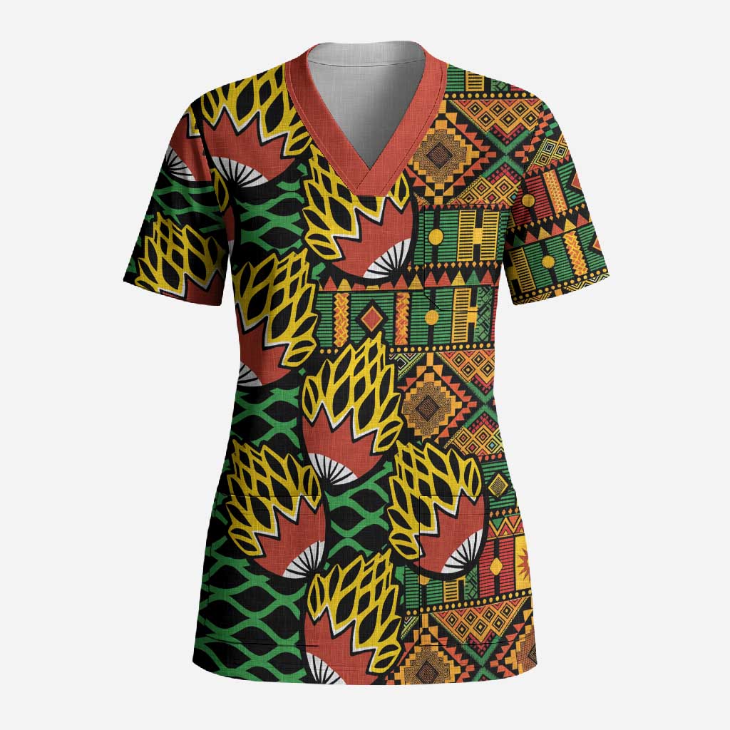 African Tribal Geometric Mixed Kanga Pattern Scrub Top