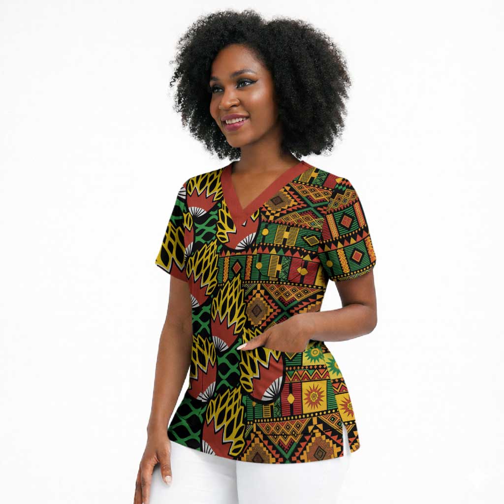 African Tribal Geometric Mixed Kanga Pattern Scrub Top