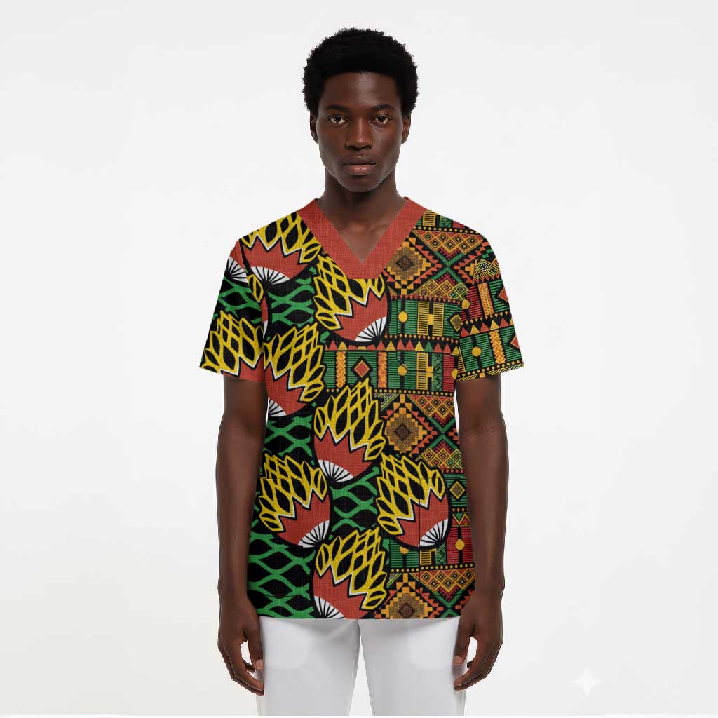 African Tribal Geometric Mixed Kanga Pattern Scrub Top