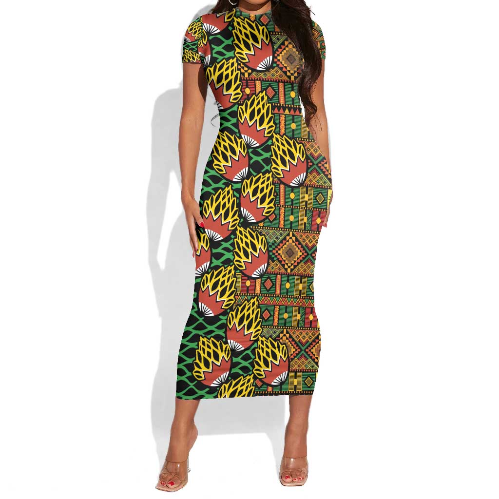 African Tribal Geometric Mixed Kanga Pattern Short Sleeve Bodycon Dress