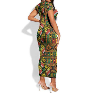 African Tribal Geometric Mixed Kanga Pattern Short Sleeve Bodycon Dress