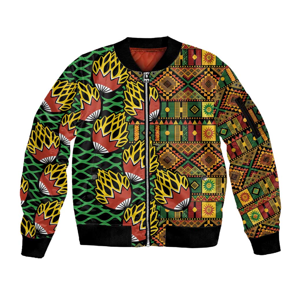 African Tribal Geometric Mixed Kanga Pattern Sleeve Zip Bomber Jacket