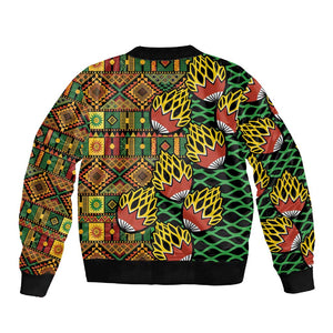 African Tribal Geometric Mixed Kanga Pattern Sleeve Zip Bomber Jacket