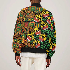 African Tribal Geometric Mixed Kanga Pattern Sleeve Zip Bomber Jacket