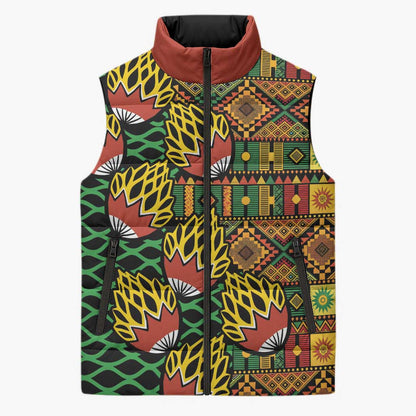 African Tribal Geometric Mixed Kanga Pattern Sleeveless Puffer Jacket
