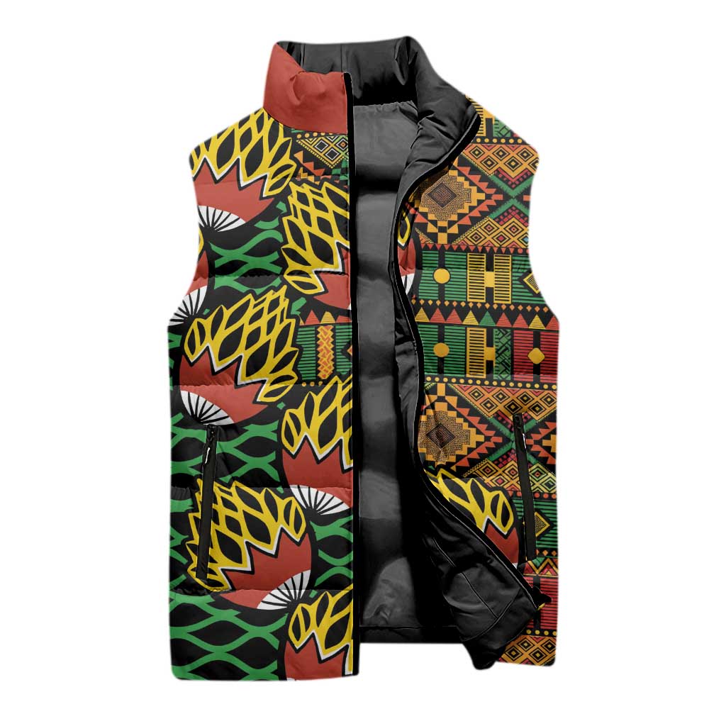 African Tribal Geometric Mixed Kanga Pattern Sleeveless Puffer Jacket