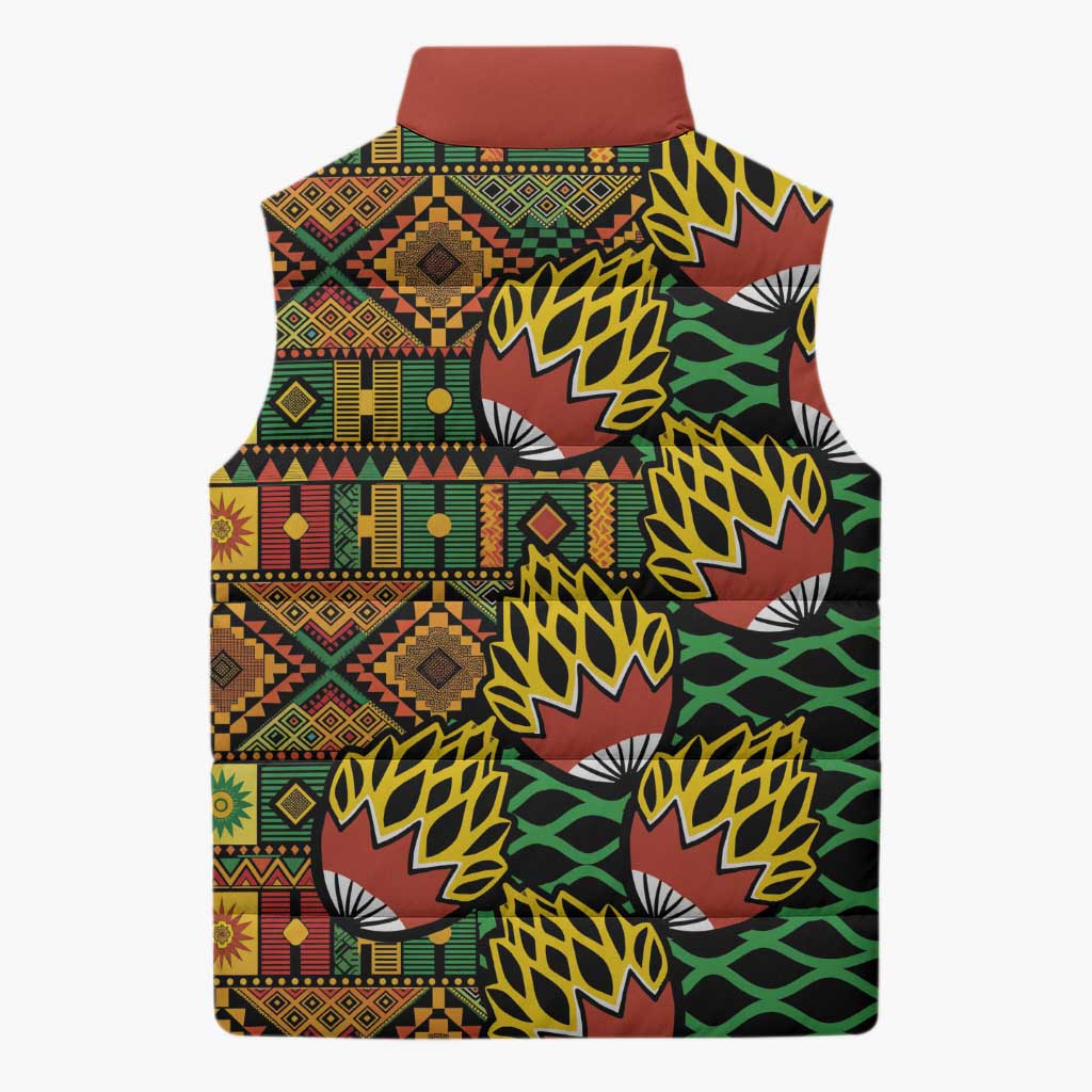 African Tribal Geometric Mixed Kanga Pattern Sleeveless Puffer Jacket