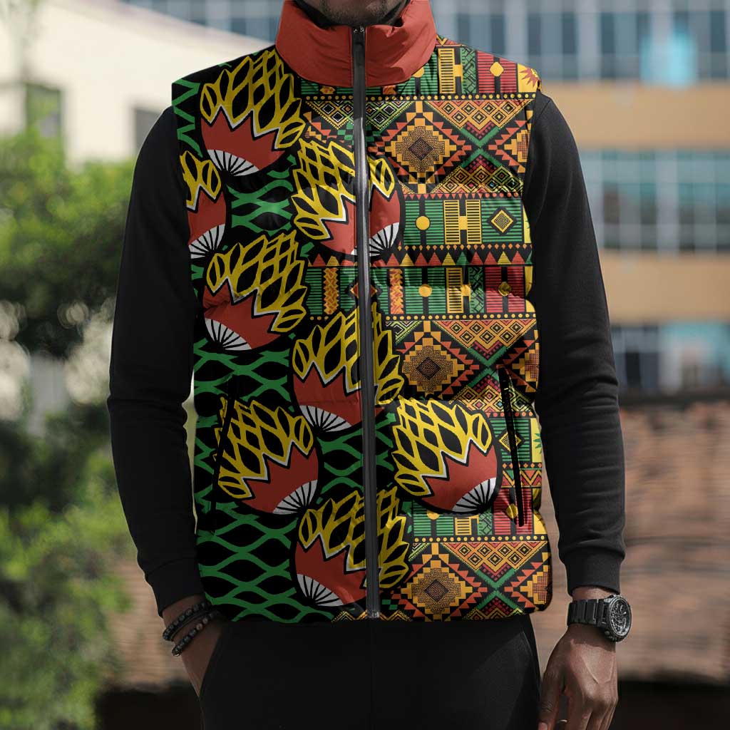 African Tribal Geometric Mixed Kanga Pattern Sleeveless Puffer Jacket