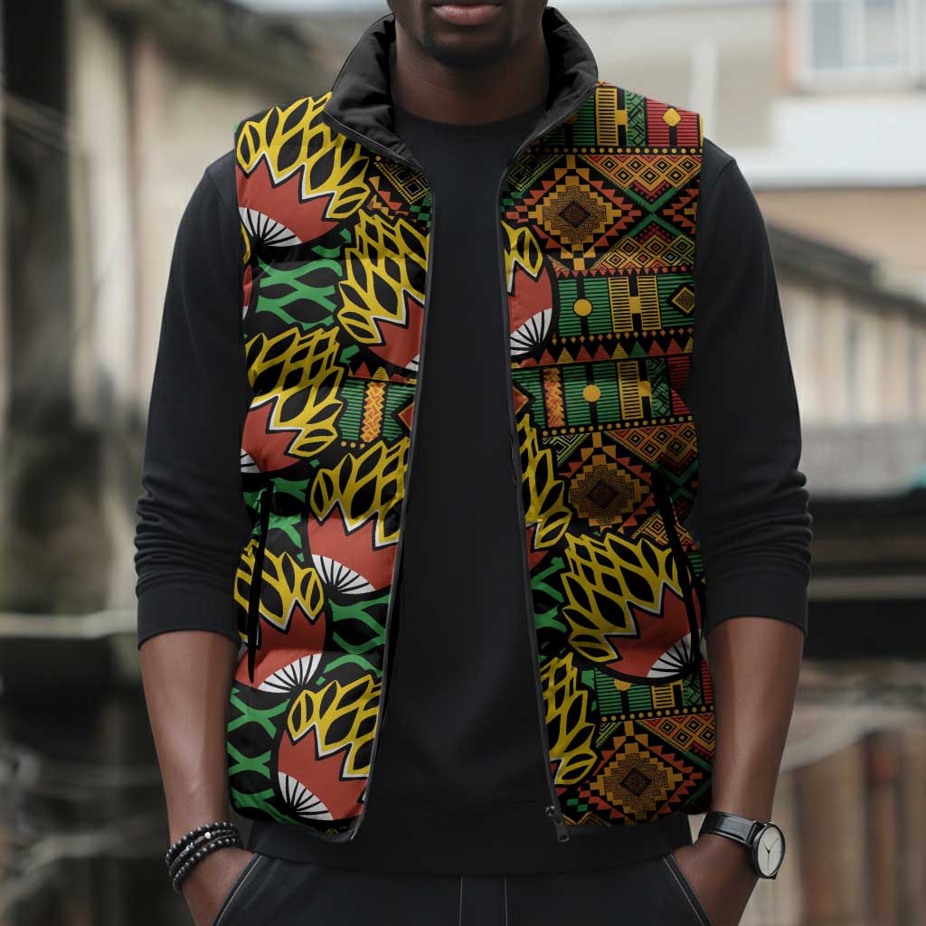 African Tribal Geometric Mixed Kanga Pattern Sleeveless Puffer Jacket