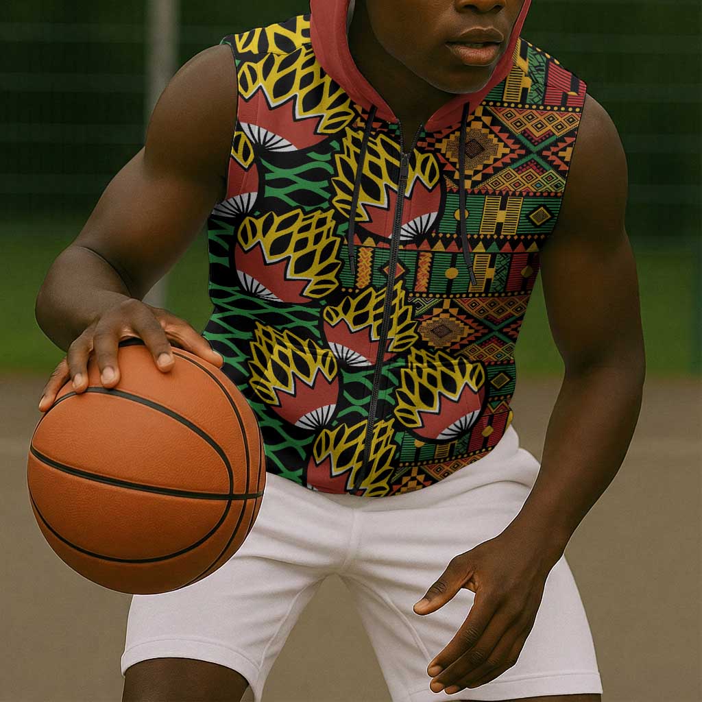 African Tribal Geometric Mixed Kanga Pattern Sleeveless Zip Hoodie - African Pride