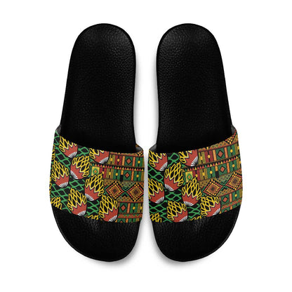 African Tribal Geometric Mixed Kanga Pattern Slide Sandals