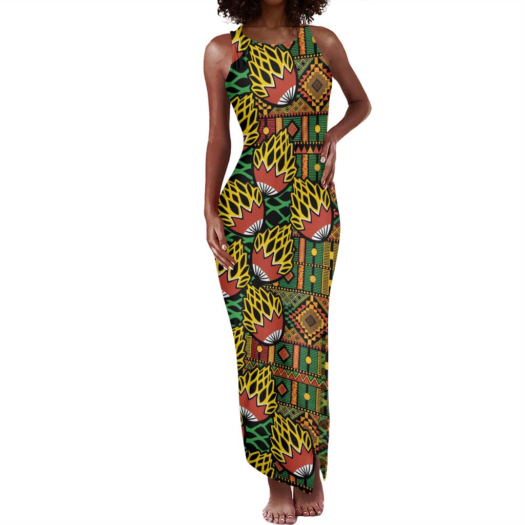 African Tribal Geometric Mixed Kanga Pattern Tank Maxi Dress