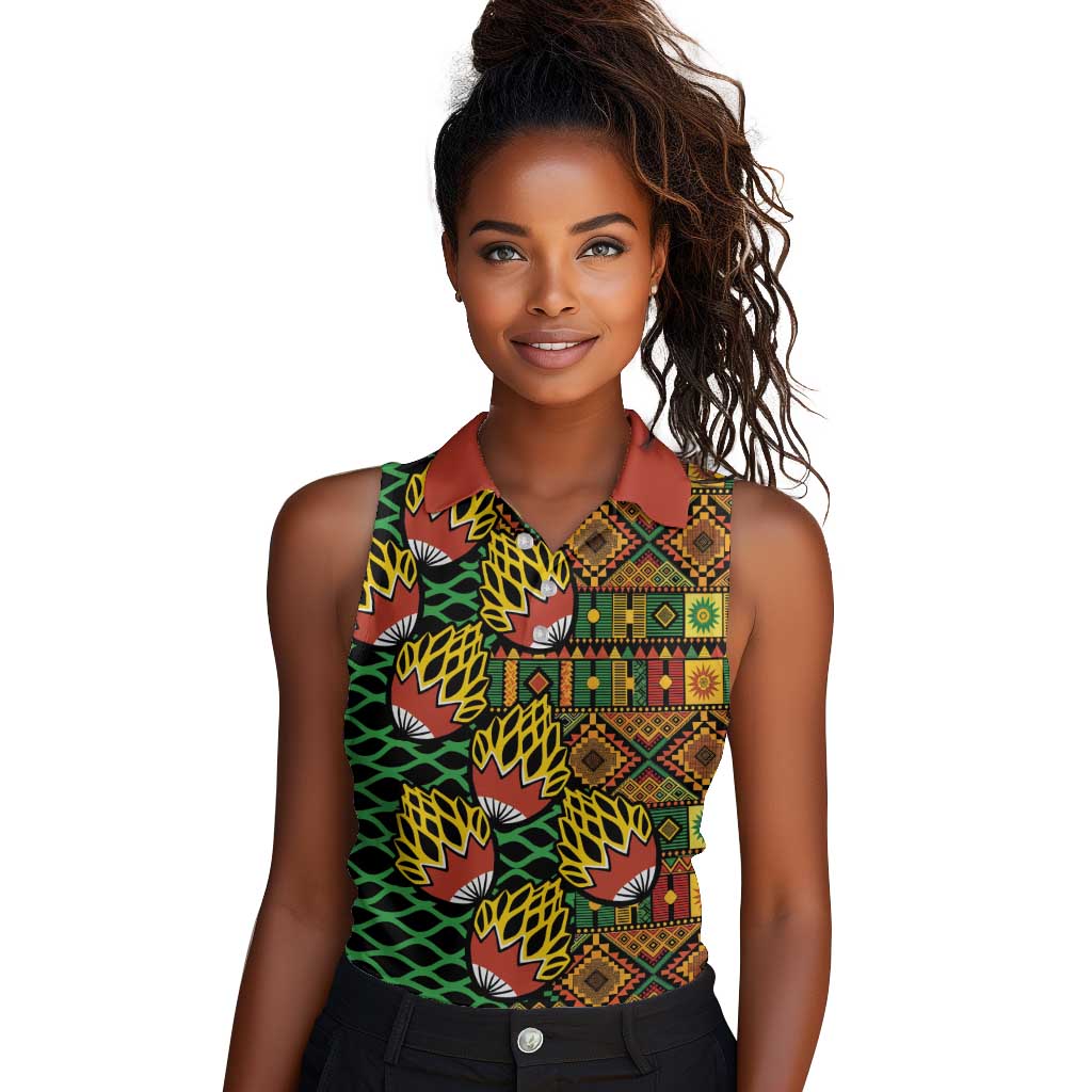 African Tribal Geometric Mixed Kanga Pattern Women Sleeveless Polo Shirt