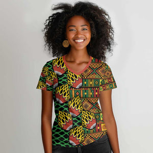 African Tribal Geometric Mixed Kanga Pattern Women V-Neck T-Shirt