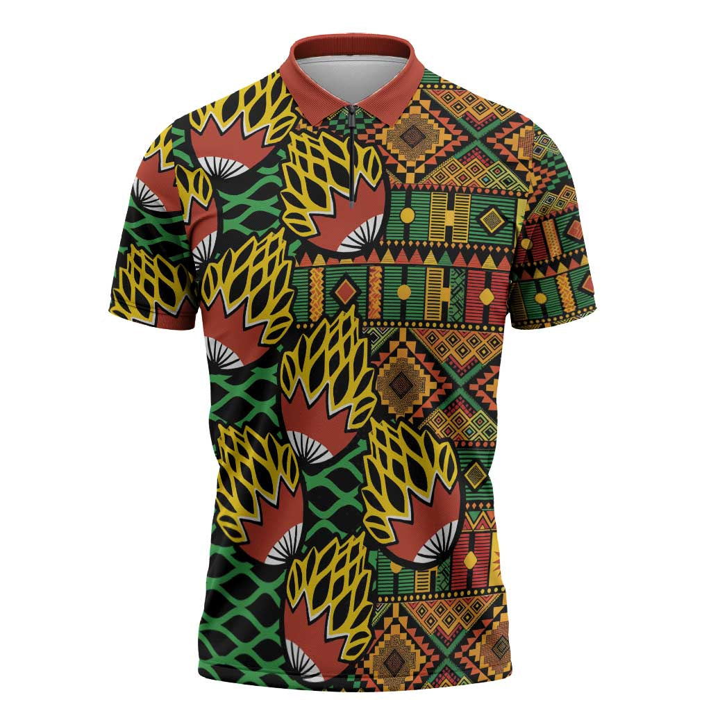 African Tribal Geometric Mixed Kanga Pattern Zipper Polo Shirt