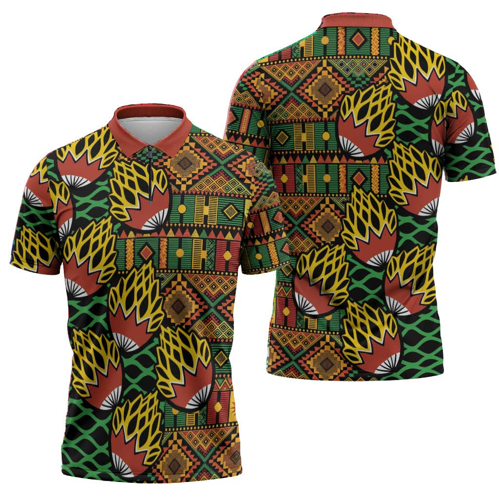 African Tribal Geometric Mixed Kanga Pattern Zipper Polo Shirt