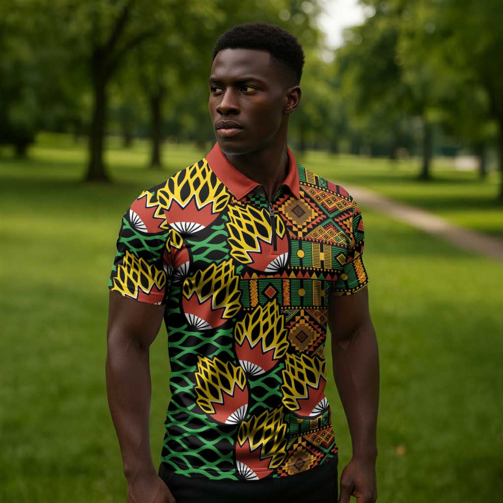 African Tribal Geometric Mixed Kanga Pattern Zipper Polo Shirt